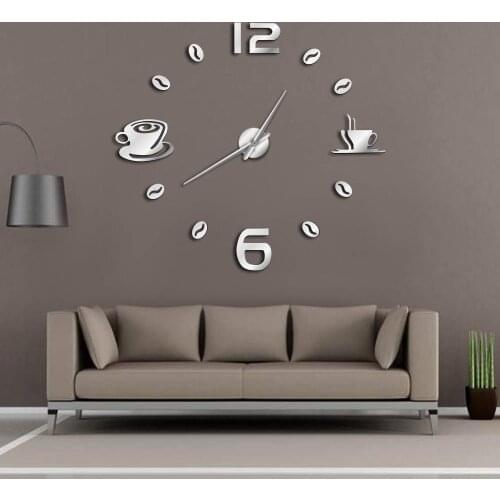 25Cafe DIY Large Wall Clock Frameless Giant Wall Clock Modern Design Cafe Coffee Mug Coffee Bean Wall Decor Kitchen Wall Watch