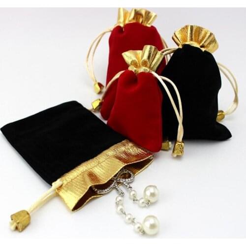 50 pcs/lot Three Size High Quality Black Velvet Drawstring Pouches Jewelry Gift Bag with string,Gold Trim velvet Packaging bags