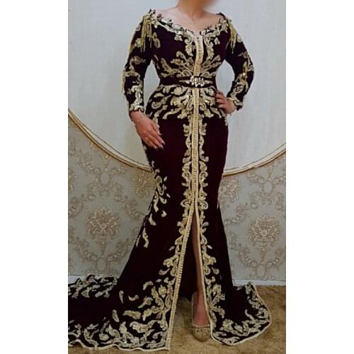 Arabic Vestido De Fiesta De Boda Maroon Evening Dresses Long Sleeves Aso Ebi Party Gowns Beaded Applique Mermaid Prom Dress 2021
