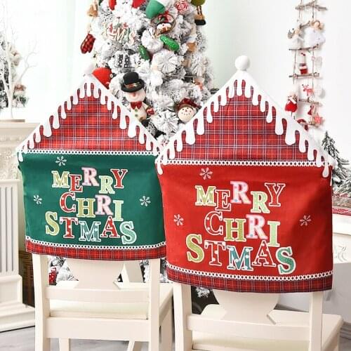 Cartoon Red Plaid House English Merry Christmas Chair Cover Kitchen Table Chair Covers Christmas Happy New Year Party Decor