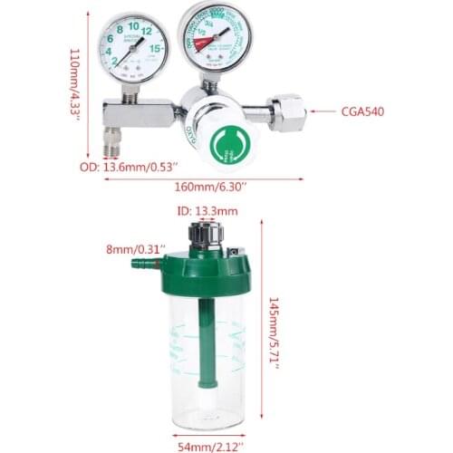 G5AB Oxygen Regulator Flow Meter Absorber Flowmeter Pressure Regulator O2 Pressure Reducing Val-ve w/ Dry Humidifier Bottle