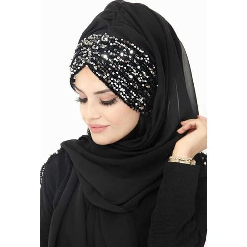 Hijab Headscarf Silver Anthracite Glitter Detailed Evening Dress Silvery Shawl Headdress