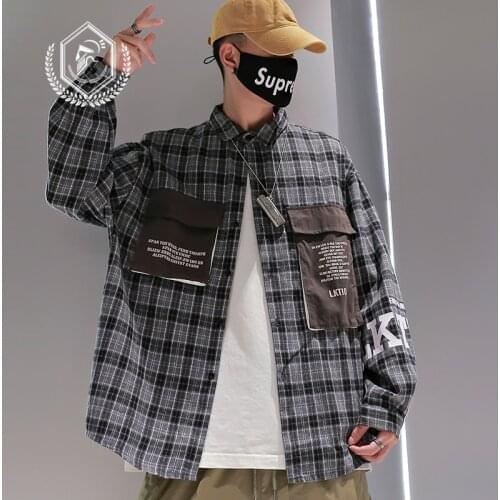 Men Fashion Loose Plaid Casual Pockets Patchwork Hip Hop Shirts