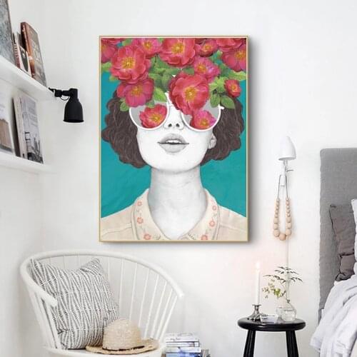Nordic Style Flower Girl Portrait Canvas Painting Abstract Posters and Prints Wall Art Pictures for Living Room Home Decoration