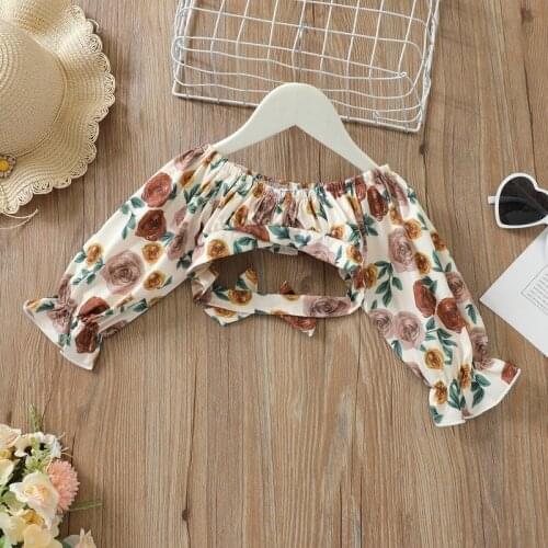 Autumn Clothing Floral Print Slash Neck Cropped Tops Girls Children Bow Full Sleeve Shirts Kids Blouses