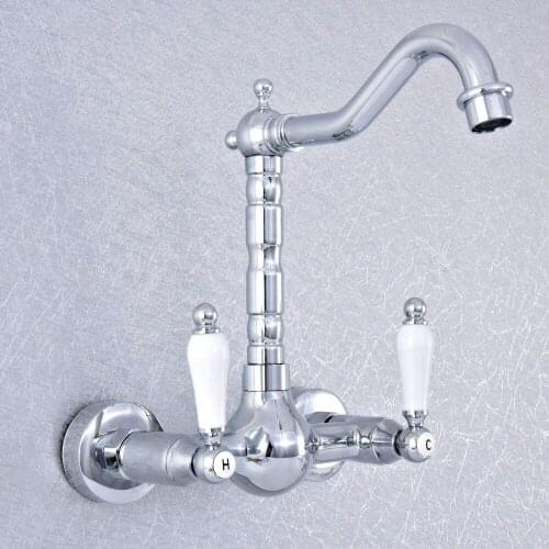 Polished Chrome Dual Handles Bathroom Kitchen Sink Faucets Wall Mounted Swivel Spout Two Holes Kitchen Mixer Taps zsf548