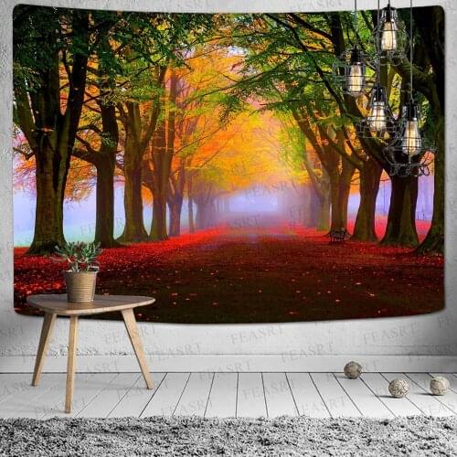 Nature Forest Red leaves Tapestry Wall Mount Sunshine Tree Carpet Wall Cloth Tapestry Hippie Mandala Landscape Home Decor Tapest