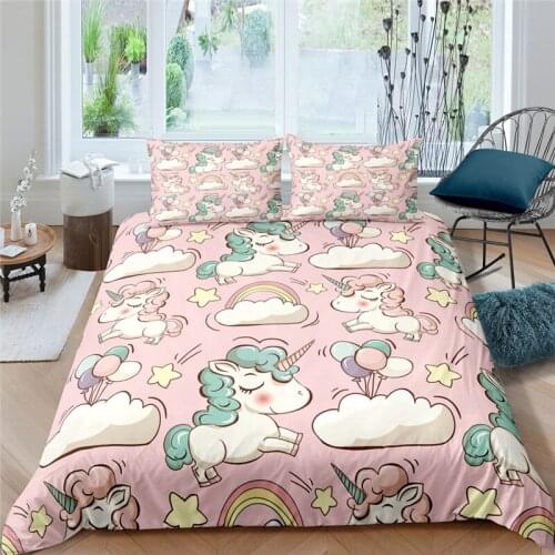 Luxury 3D Cartoon Unicorn Print Kids Teens Bedding Set Comfortable Duvet Cover Pillowcase Home Textile Single/Queen/King Size
