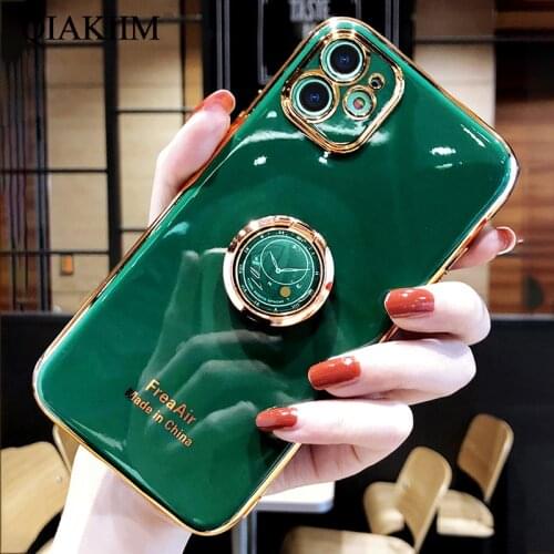 Luxury Plating Soft Silicone TPU Case For iPhone 12 11 Pro Max XS X XR 7 8 6 6S Plus SE 2020 Case Finger Ring Stand Holder Cover