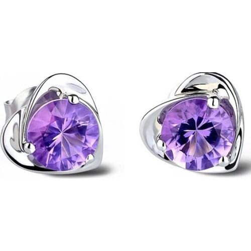 Silver color plated Earrings For Women Korean Heart Purple Crystal Earrings Fashion Jewelry 2017 Cute Earring Brincos Oorbellen