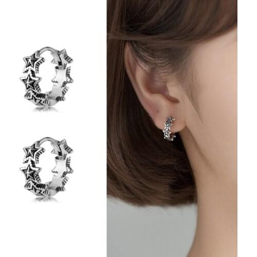 Genuine 925 Sterling Silver Vintage Star Small Hoop Earrings Retro Thai Silver Earrings Hoops for Women Fine Jewelry