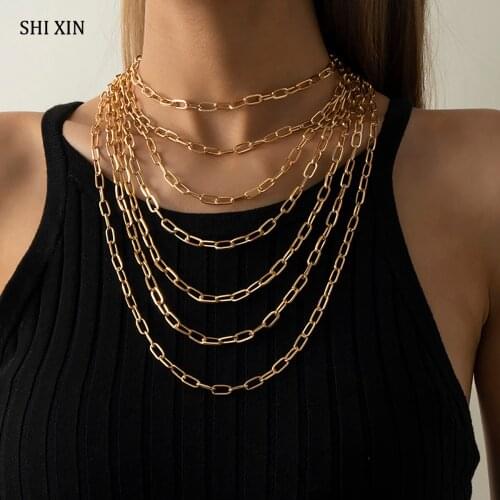 SHIXIN 4 Pcs 7 Layered Thick Necklace Chain on Neck Hip Hop Chunky Choker Necklace Set for Women Fashion Neck Chain Jewelry 2021