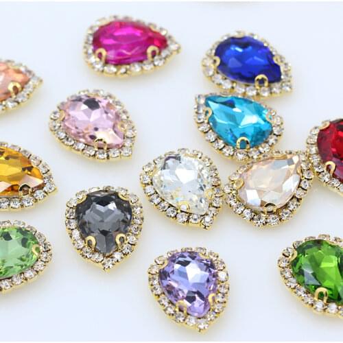 6p 18x25mm Teardrop sewing stone flatback crystal glass sew on rhinestones Trim jewels Gold base button wedding dress Decoration