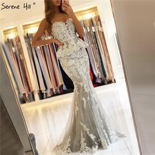 Grey Sleeveless Sexy Evening Dresses 2020 Fake Two Pieces Mermaid Lace Evening Gowns Long Serene Hill BLA70247
