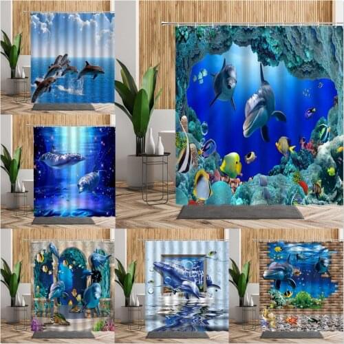 3D Sea Dolphin Shower Curtains Set Ocean Fish Turtle Bath Screen With Hook Creative Bathroom Curtain Home Decor Waterproof Cloth