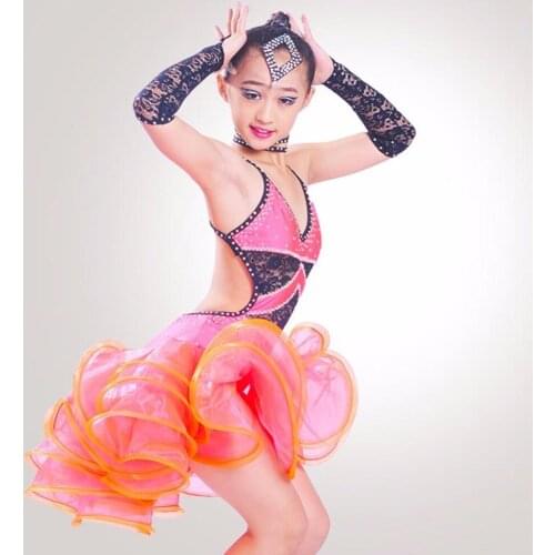 2019 Girl Latin Dance Dress Green/Rose Red 3Color Lace Dance Professional Female India/ Cha Cha / Rumba Dance Skirt DQ2057