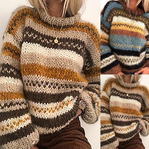 Women Round Neck Sweater Mixed Colors Striped Long Sleeves Sweater Pullover Top 2021