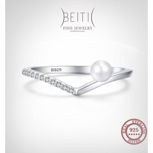 Beitil Simple Clear Zircon Elegant Pearl 925 Sterling Silver Finger Ring For Women Wedding Statement Fine Silver Jewelry