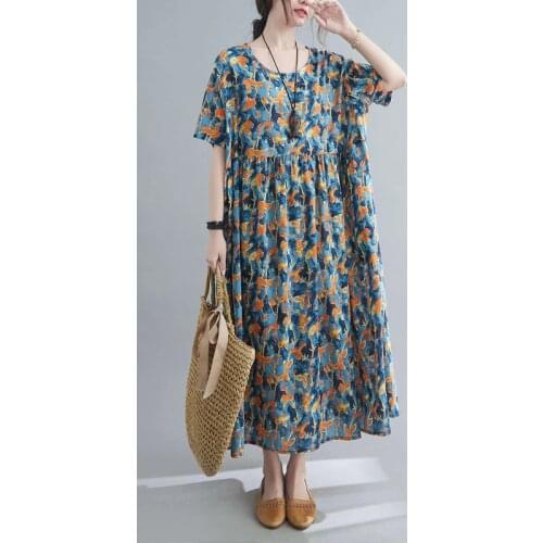 Plus Size Women Dress Vintage Short Sleeve Loose Beach Maxi Long Dress Robe Female Oversize 4XL 5XL 6XL Cotton Linen Boho Dress
