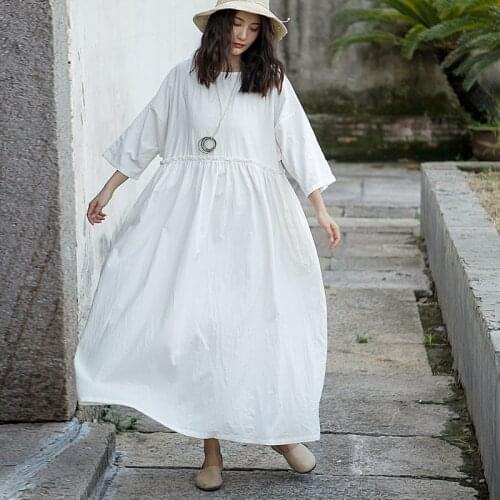 Johnature Women High Waist Dress Vintage Cotton Linen Robes 2021 Autumn New O-Neck Long Sleeve Dresses Female Solid Color Dress