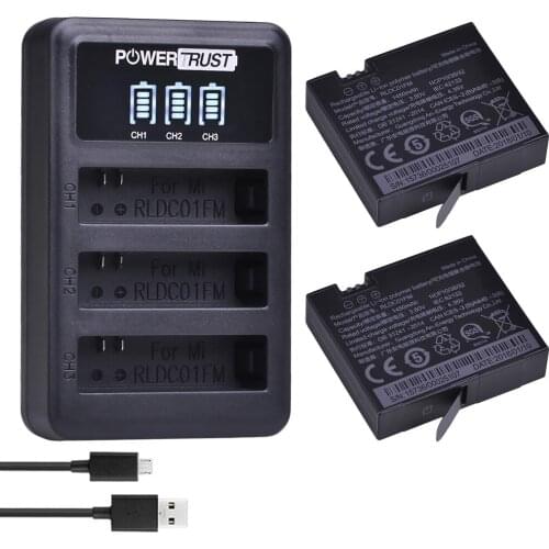 PowerTrust 2Pc 3.80V Original Mijia Li-ion Battery + LED 3-slots USB Charger for Xiaomi Mijia Mini Action Sports Camera Battery