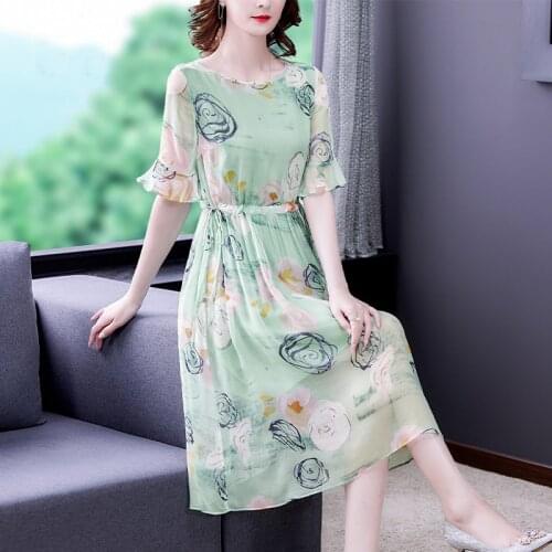 2021 Casual Floral Chiffon Mulberry Silk Midi Dress Summer Vintage Plus Size Beach Dresses Women Elegant Bodycon Party Vestidos