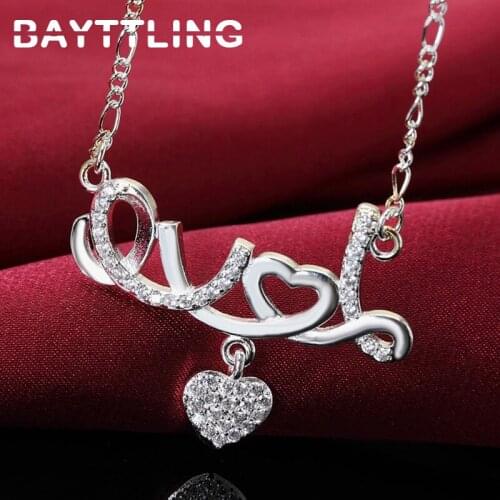 BAYTTLING 925 Sterling Silver 18 Inch Link Chain LOVE Zircon Pendant Necklace For Woman Fashion Glamour Wedding Jewelry Gift