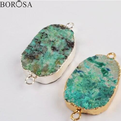 BOROSA Big Stones Gild Connectors 5/10PCS Silver Color Natural Chrysocolla Gems Double Charms for Handmade Boho Bracelet G1810