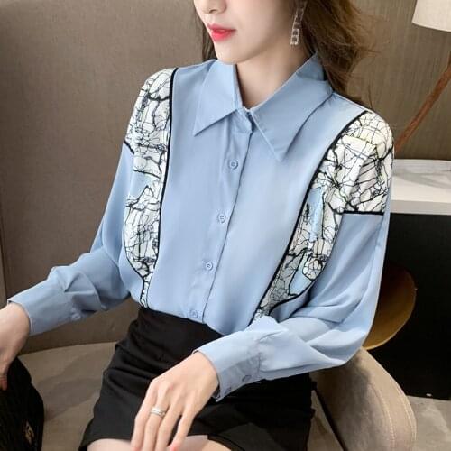 Chikichi 2021 Spring New Korean Loose Temperament Long Sleeve Top with Lapel and Floral Stitching Shirt Long Sleeve Shirt Women