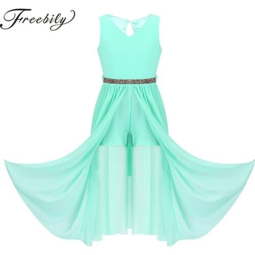 Kids Sleeveless Chiffon Ballet Tutu Dance Leotard Dress with Shiny Rhinestone Belt Girls Contemporary Lyrical Dance Costumes