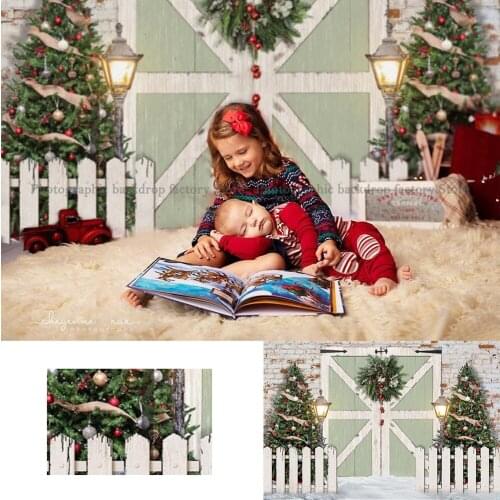 Christmas White Wood Door Backdrop Kids Child Photography Props House Trees Gifts Birthday Baby Portrait Background Studio
