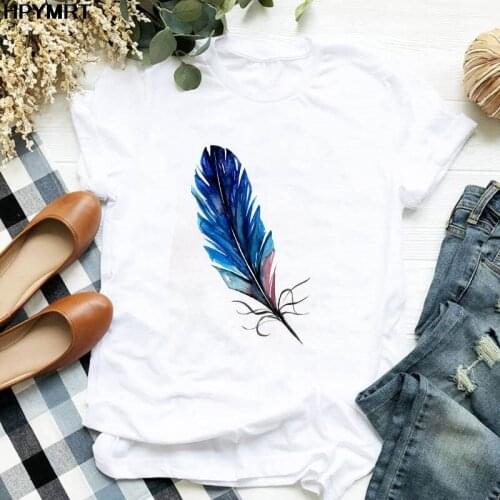 Womens Tshirt Funny Harajuku T shirt Woman Feather Printing Camiseta Mujer Short Sleeve Tshirt Lady Yong Girl Tops Tees Shirt