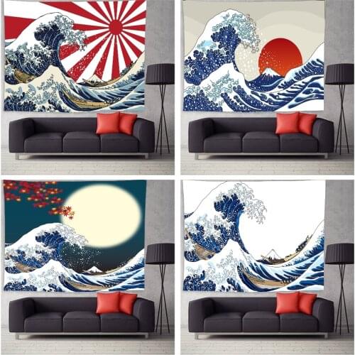 Ancient Great Japanese Wave Tapestry Bedroom Wall Hanging Blanket Ocean Wave Red Sun Tapestries Wall Decor for Living Room
