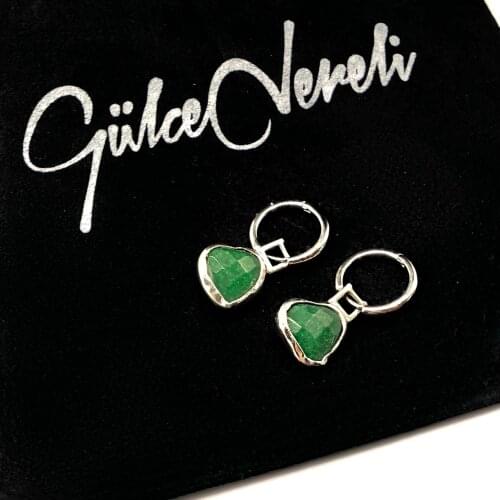 GULCE DERELI, GREEN HEART EARRINGS, HOOP EARRINGS, CHARM EARRINGS, GIFT BOX, GOLD/SILVER PLATED