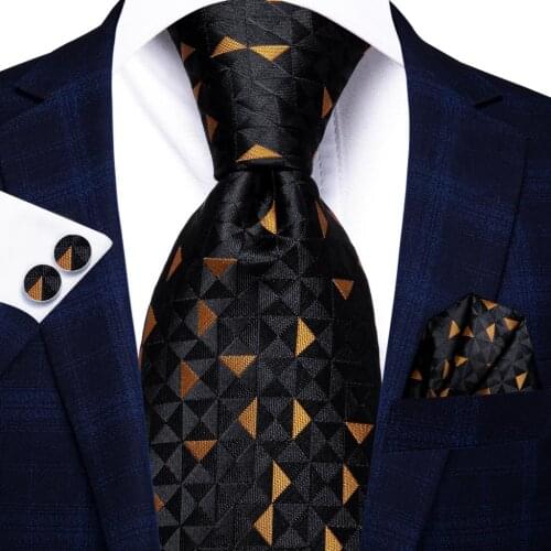 Hi-Tie Black Gold Novelty Silk Wedding Tie For Men Handky Cufflink Set Fashion Designer Gift Necktie For Men Business Party
