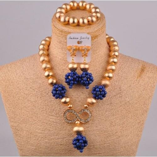 Dubai Gold Costume Necklace Royal Blue Nigerian Wedding African Beads Jewelry Set