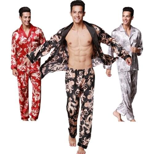 Nightgown Men Silk Robe Long-Sleeved 2021 Summer Home Pajama Dragon Pattern Nightgown Kimono Bathrobe Pants For Night Gown Sets