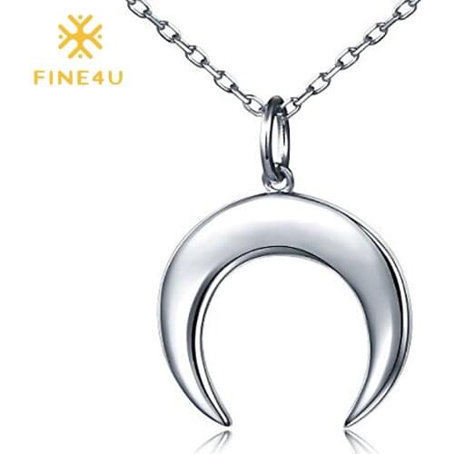 FINE4U N799 Stainless Steel Moon Crescent Half Circle Pendant Necklace Statement Anniversary Colloar Necklace