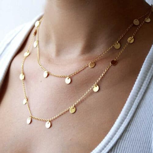 Gold Color Necklace Fashion Drop Dangle Ladies Chain Pendant Boho Choker Long Double Sequin Necklace