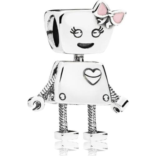 Genuine 925 Sterling Silver Bead Charm Cute Bella Bot A Big Heart And Lots Of Character Robot Beads Fit Pan Bracelet & Neck