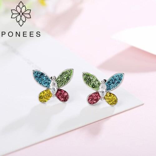 PONEES New Korean Luxury Rhodium Shiny Colorful Crystal Butterfly Earrings For Women Stud Earrings Gift