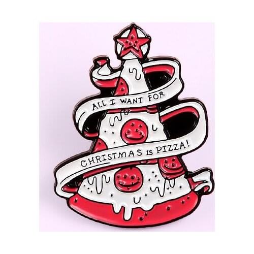 Christmas Tree "All I Want For Christmas Is Pizza" Pins Pink Sweet Holiday Jewelry Brooches For Women Accessories Decoration