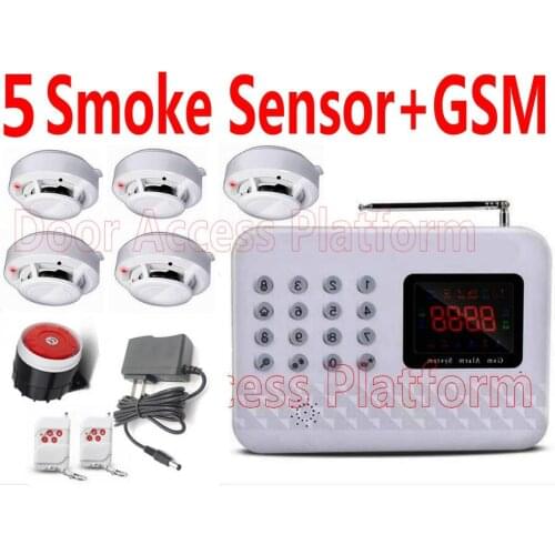 5 Smoke Detector GSM Alarm System Remote Control Office Secure Anti-thieves Gate Alarm Anti-Fire FireProof Smoke safe controls