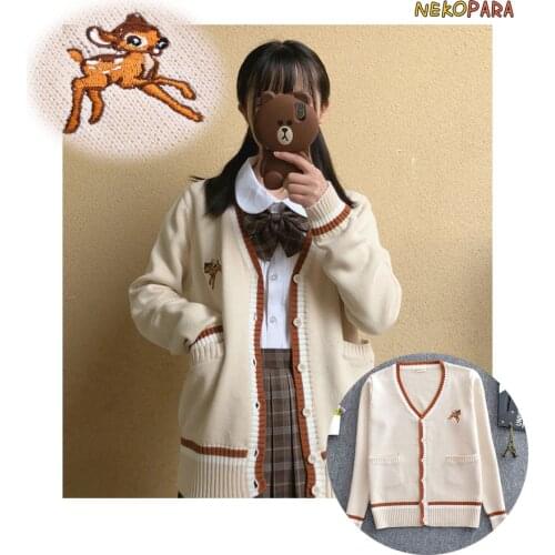 Sweet Japanese Student Uniform Style JK Sweater Long Sleeve Deep V-neck Cardigan Apricot Cute Deer Embroidery