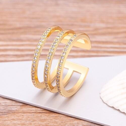 High Quality Luxury Three Layers Copper Zircon Gold Open Rings For Woman New Fashion Korean Adjustable Jewelry Party Gifts