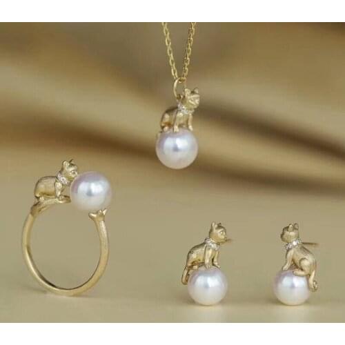 925 Silver DOG Fashion Pearl Pendant Ring Earrings Set Mountings Findings Beautiful Jewelry Set Parts Fittings Component