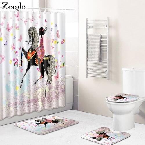 Zeegle Bath Mat Set Waterproof Curtain Anti Slip Toilet Pedestal Rug Foot Mat Absorbent Bathroom Shower Mat Soft 4pcs Toilet Set