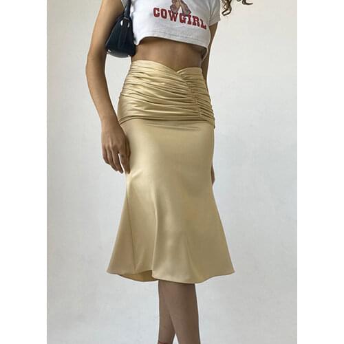 Tossy Women Party Satin Skirt 2021 Vintage Golden Midi Faldas Clubwear Solid High Waist Ruched Streetwear Female Bottom Elegant