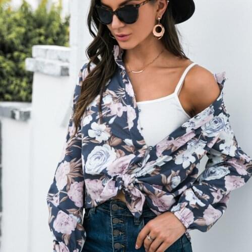 Autumn Womens Flower Print Button Shirt Top Fashion Office Ladies Stand Collar Blouse Top Woman Casual Long Sleeve Sweet Coat