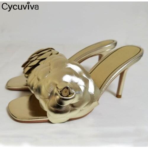 Designer Flower High Heels Slippers Women Gladiator Sandals Gold Leather Slides Women Summer Party Shoes Sandalias Mujer 2021